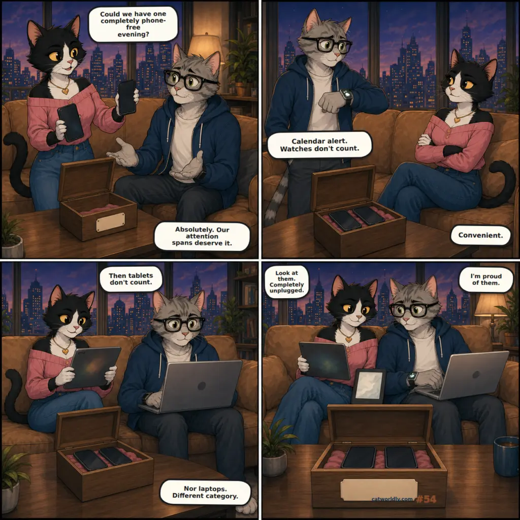 Meowdern Love comic #54, The Phone Break, in which Leo and Luna put their phones away for the evening but immediately replace them with a smartwatch, tablet, laptop and e-reader, then proudly admire how rested the phones look.