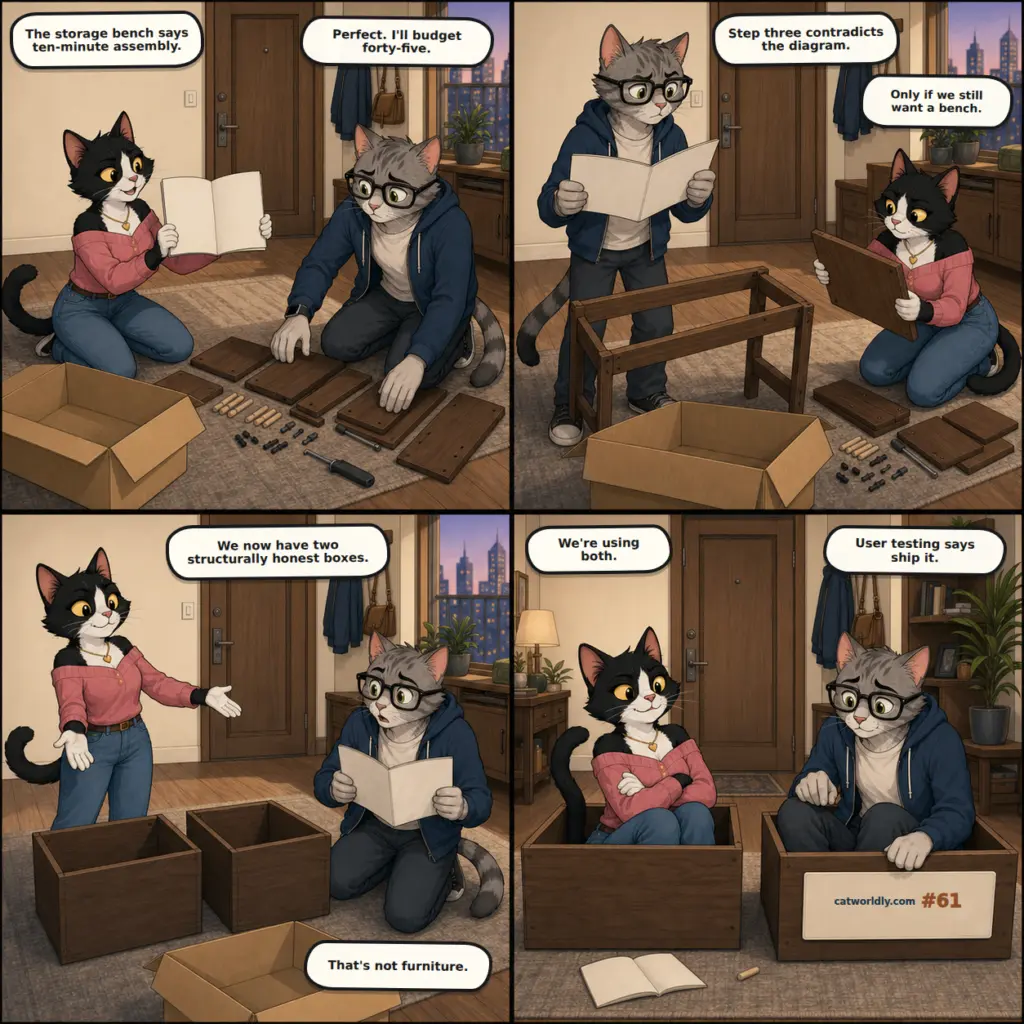 Meowdern Love comic #61, User Tested, in which Leo and Luna turn a ten-minute storage-bench project into two box-shaped pieces of furniture and approve the result after sitting in one box each.