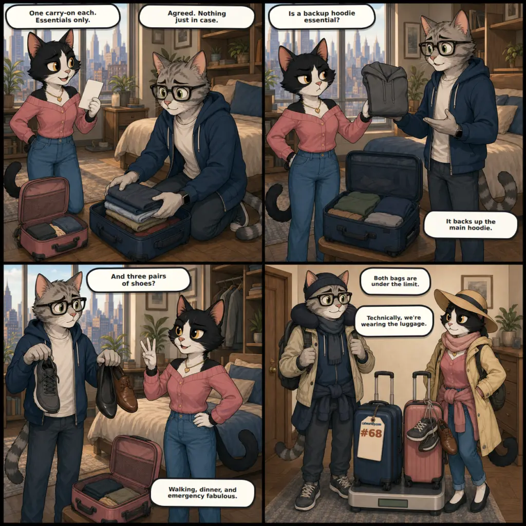 Meowdern Love comic #68, Under the Limit, in which Leo and Luna get two carry-ons under the weight limit by wearing nearly everything they had planned to pack.