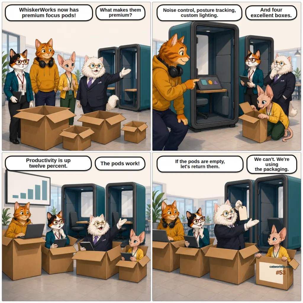 Paws and Deadlines comic #53, The Focus Package, in which the WhiskerWorks team ignores premium focus pods to work in their shipping boxes, then cannot return the empty pods because the cats are using the packaging.