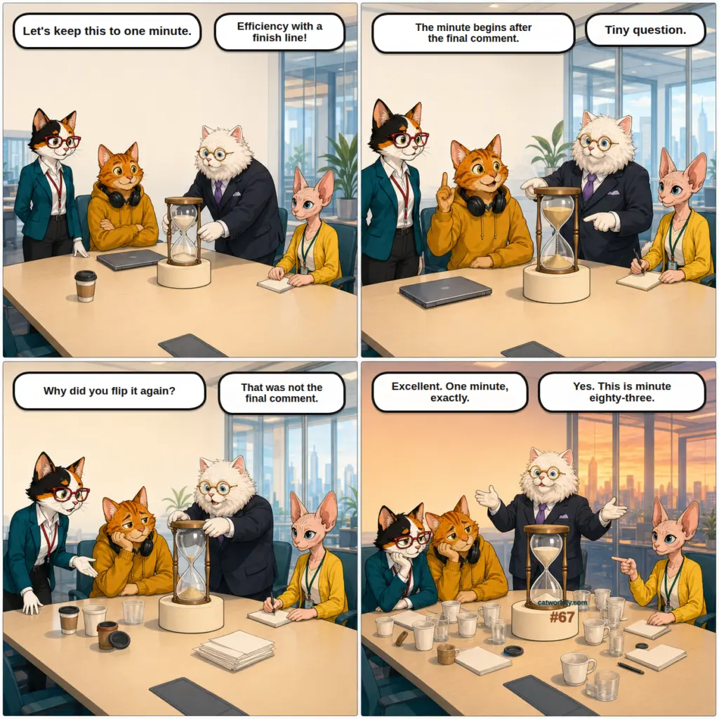 Paws and Deadlines comic #67, One Minute, Exactly, in which a one-minute WhiskerWorks meeting lasts until sunset because Nimbus restarts the timer after every comment and Bean reveals they are on minute eighty-three.
