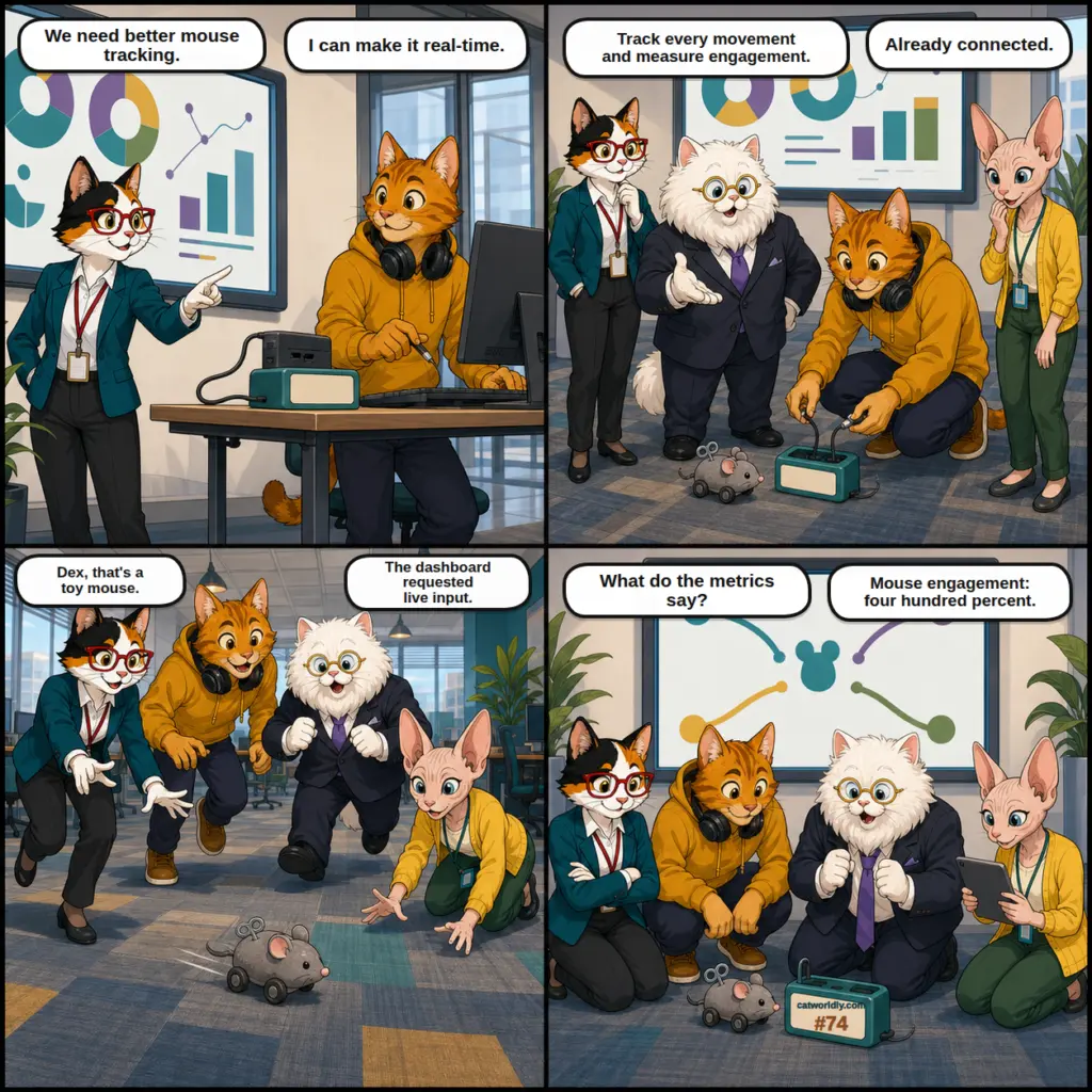 Paws and Deadlines comic #74, Mouse Tracking, in which Dex connects the office analytics dashboard to a wind-up toy mouse and Bean reports four hundred percent engagement after all four cats chase it.