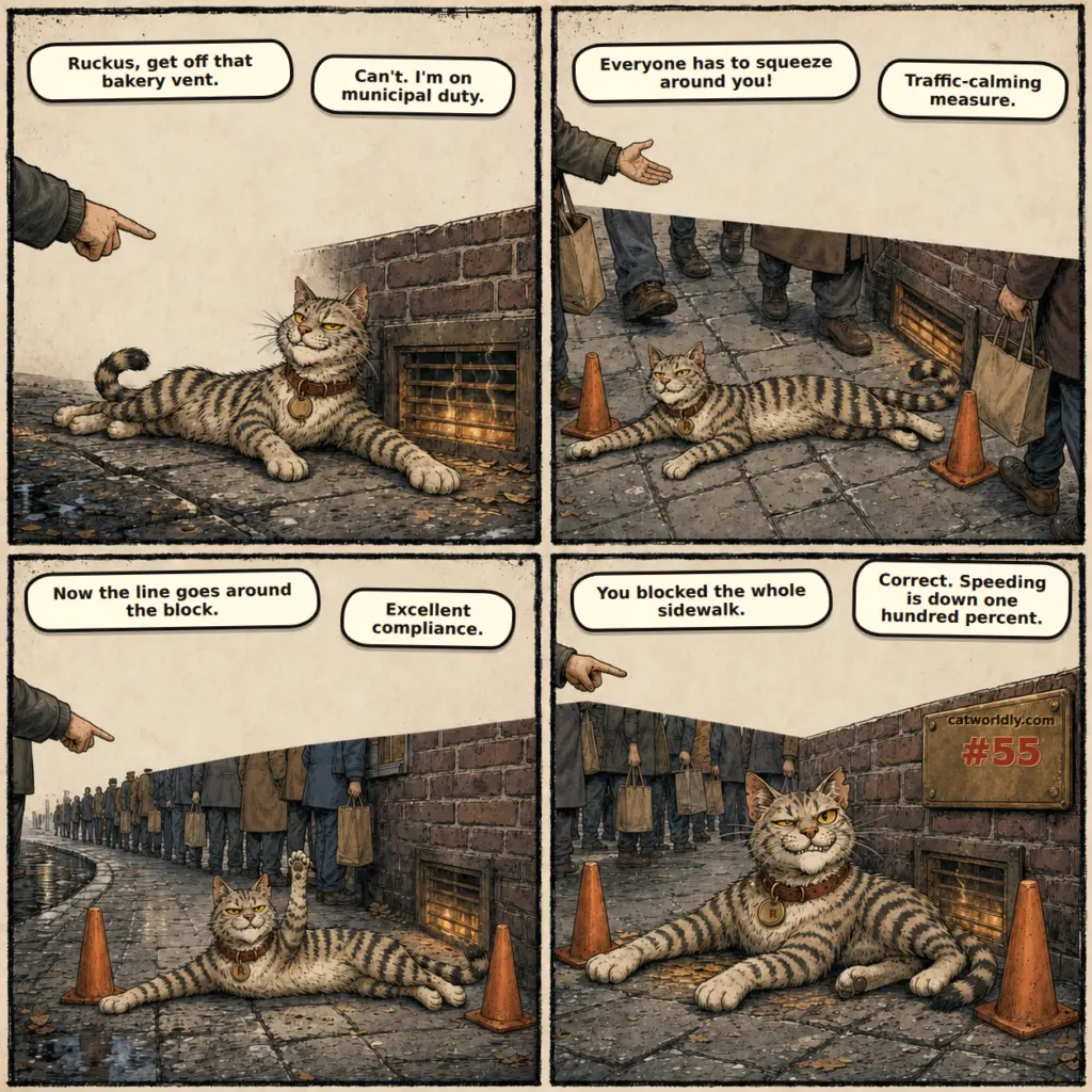 Ruckus the Rascal comic #55, Traffic Calming, showing Ruckus blocking a sidewalk beside a bakery vent, causing a line around the block, and claiming speeding is down one hundred percent.