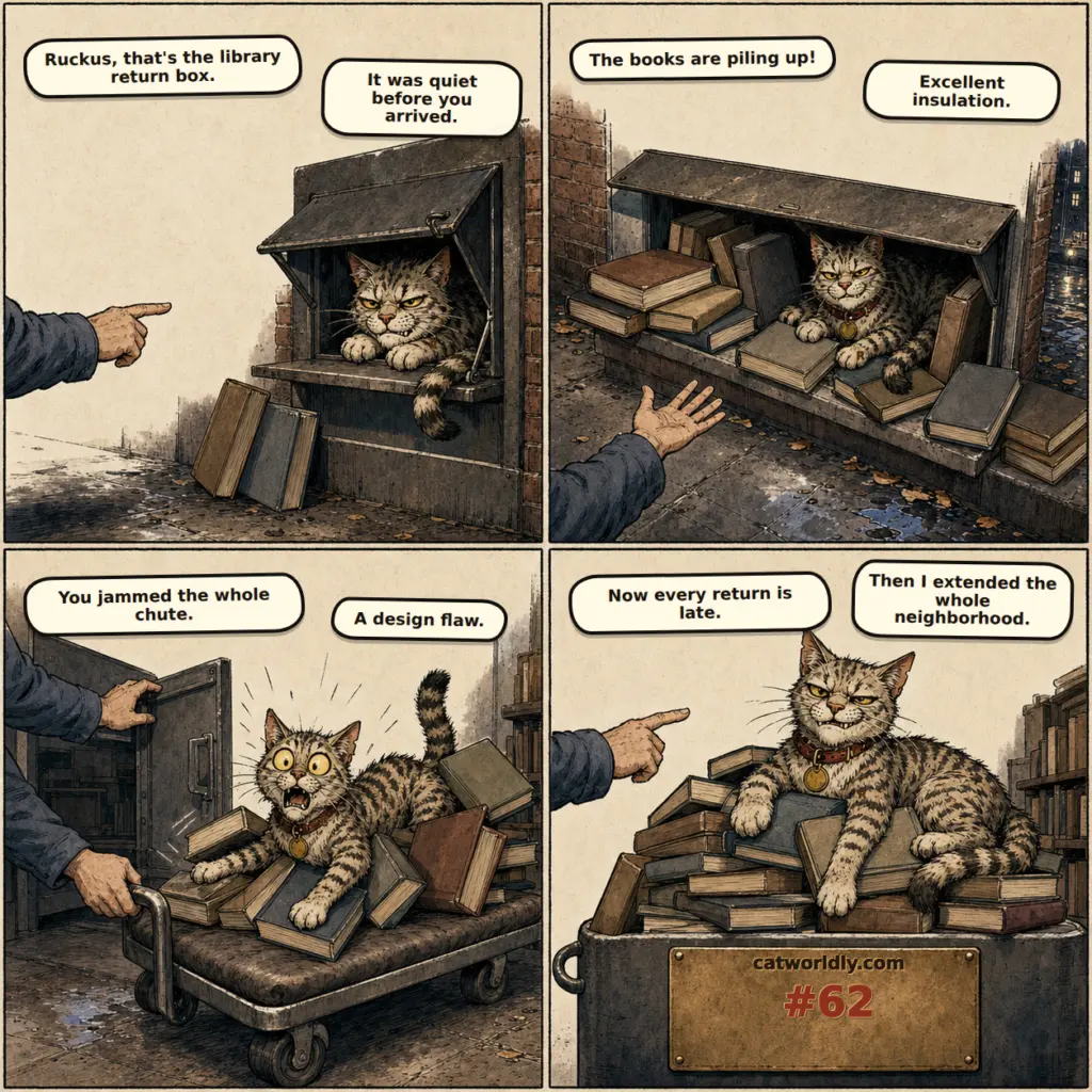 Ruckus the Rascal comic #62, Extended Stay, showing Ruckus use a library return chute as a sleeping cubby, block a pile of books and claim he extended every loan in the neighborhood.