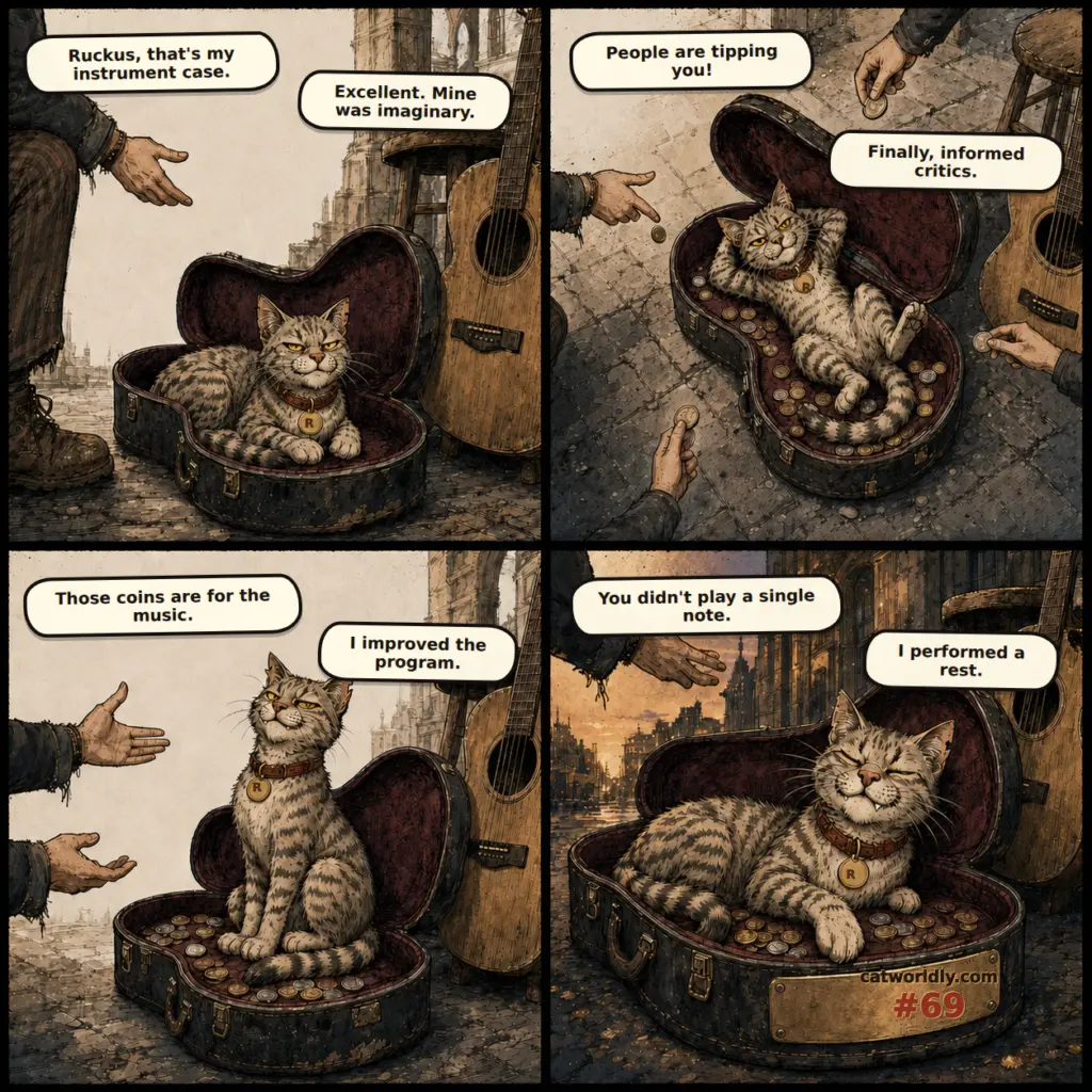 Ruckus the Rascal comic #69, The Silent Set, showing Ruckus nap in a street musician's guitar case, collect tips and claim he performed a musical rest.