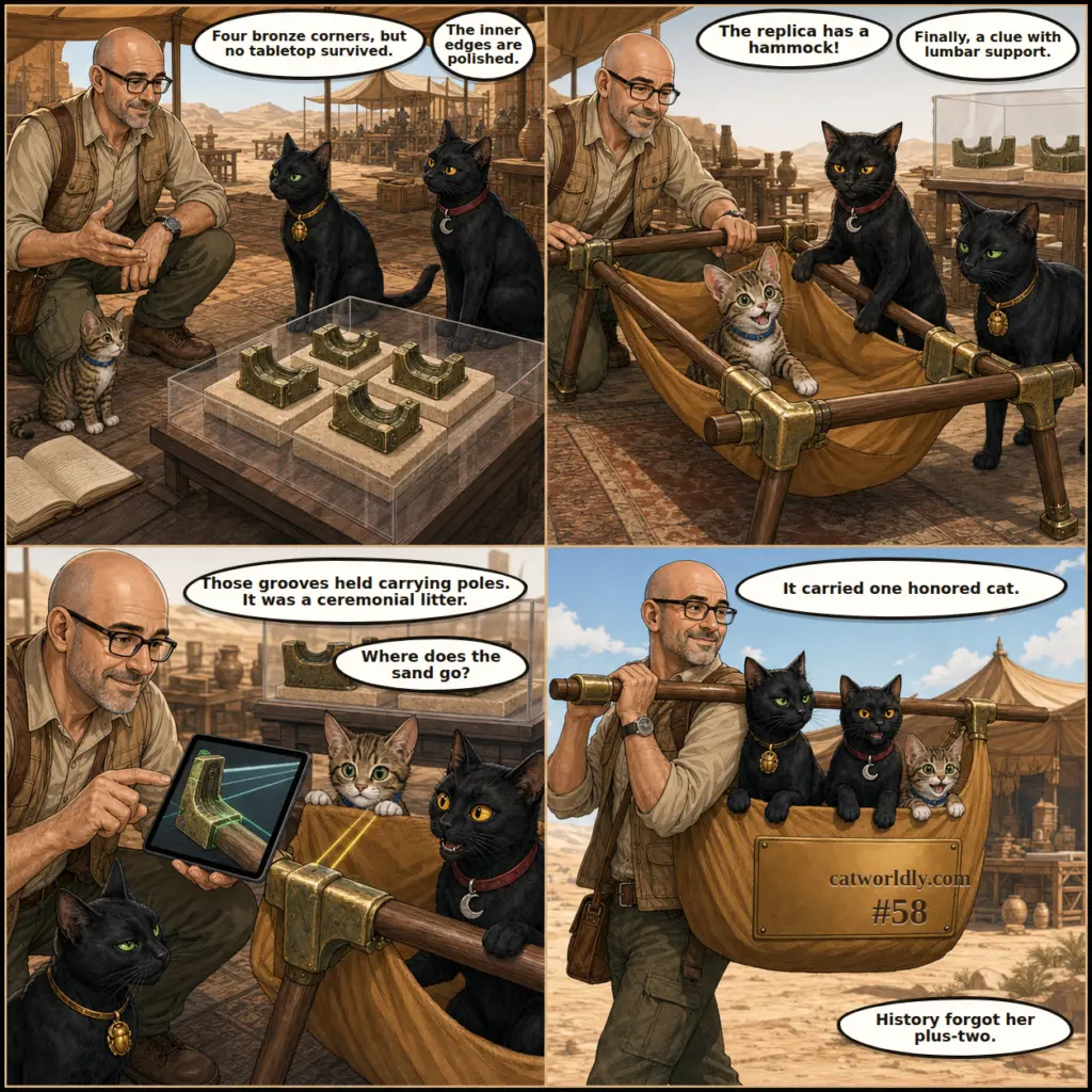 Tony and the Artifact Crew comic #58, The Honored Passenger, showing Tony, Maya, Murk and Milo identify a fictional ceremonial cat litter from protected bronze fittings, after which all three cats board a safe modern replica and make Tony carry history's forgotten plus-two.