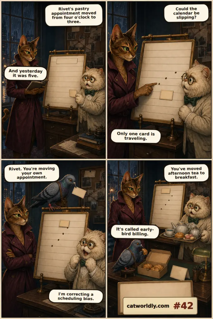 The Velvet Claw comic #42, Early-Bird Billing, showing Cleo and Basil discover that Rivet keeps moving his own pastry-payment appointment earlier until afternoon tea becomes breakfast.