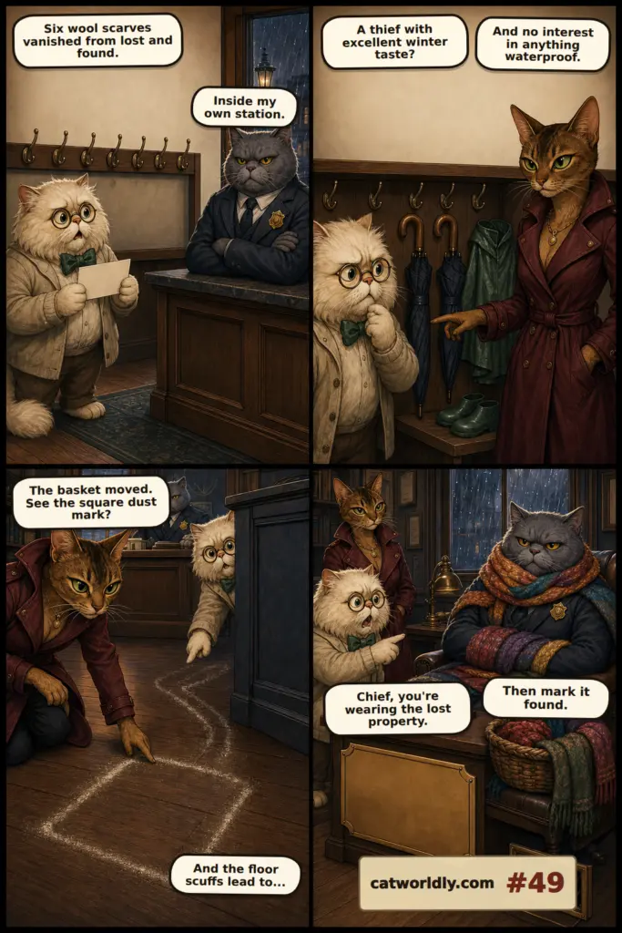 The Velvet Claw comic #49, Mark It Found, showing Cleo and Basil trace missing wool scarves to Chief Bramble's drafty desk, where he wears them as a nest and tells them to mark the property found.