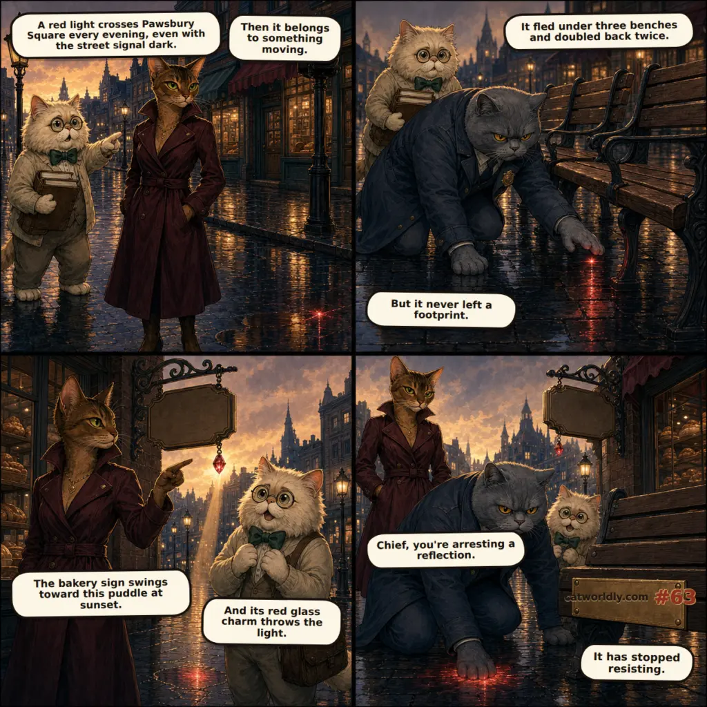 The Velvet Claw comic #63, The Red-Light Runner, showing Cleo trace a moving red light across rainy Pawsbury Square to a reflection while Chief Bramble proudly pins the harmless glow under one paw.