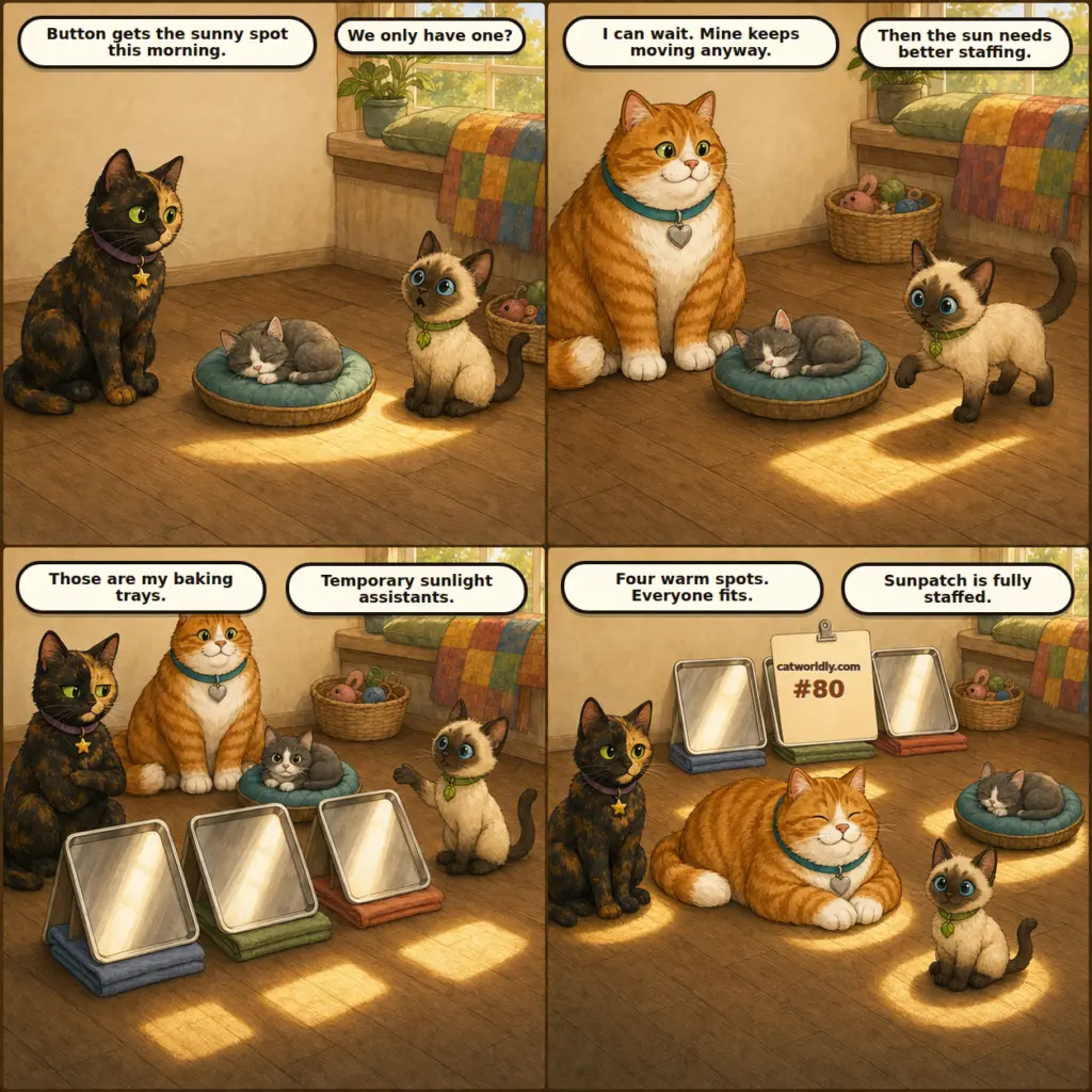 Foster House Rules comic #80, Sunpatch Staffing, showing Sprout recruit baking trays as sunlight assistants so Dot, Hugo, Sprout and Button can each have a warm sun patch.