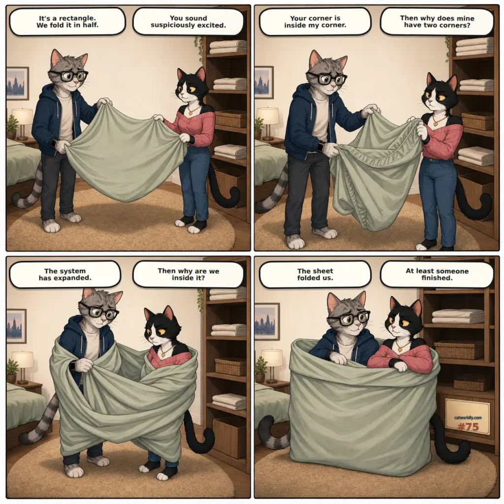 Meowdern Love comic #75, Corner Case, in which Leo and Luna try to fold a fitted sheet and end up neatly folded together inside it.