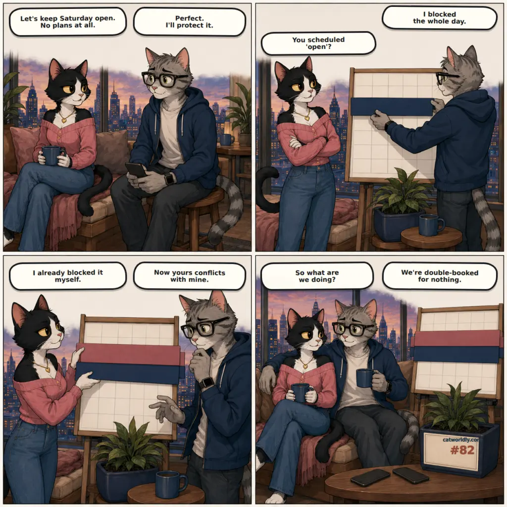 Meowdern Love comic #82, Open Conflict, in which Leo and Luna each block the same supposedly open Saturday until their shared calendar makes them double-booked for doing nothing.