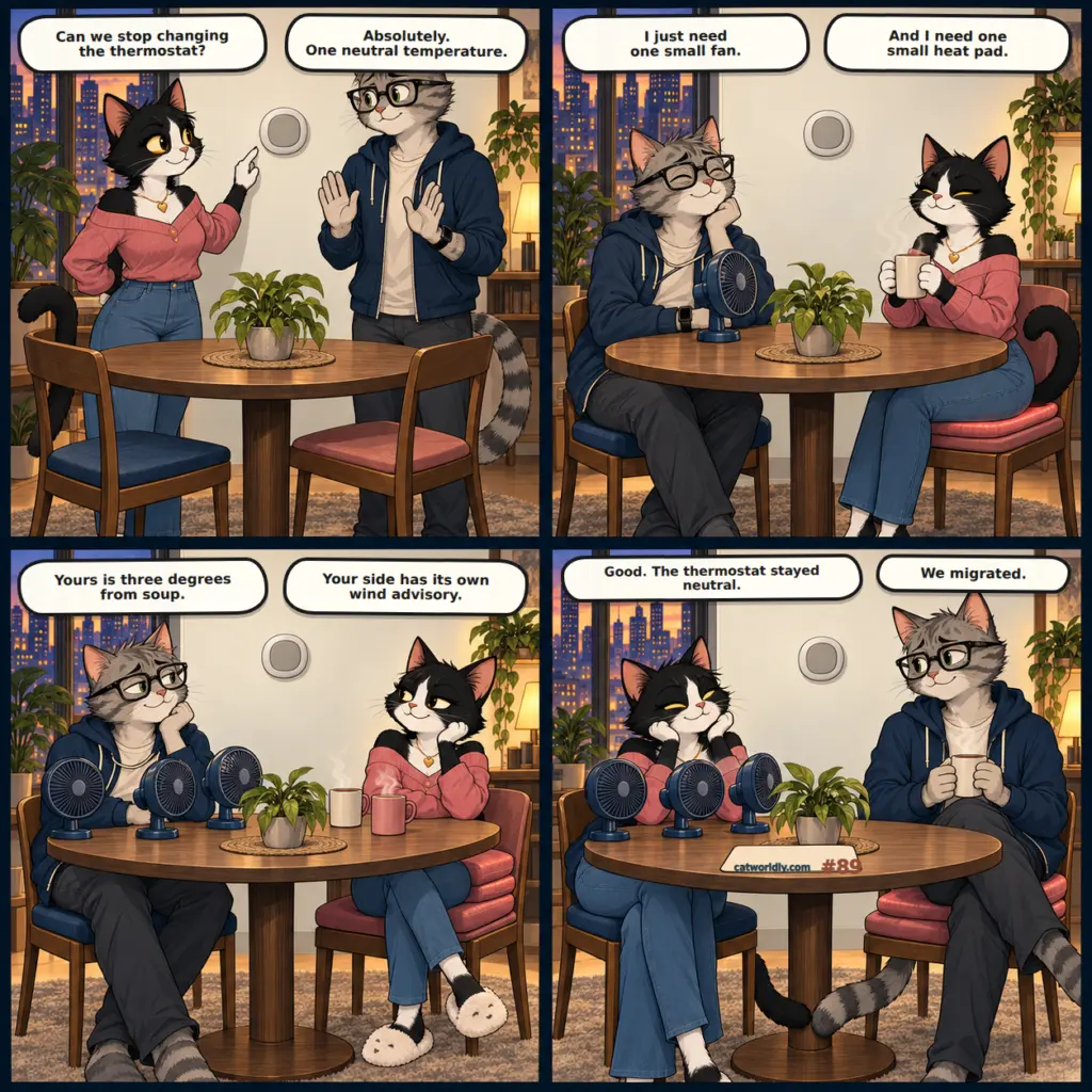 Meowdern Love comic #89, Local Weather, in which Leo and Luna keep the thermostat neutral, build opposite personal climates and then swap seats.