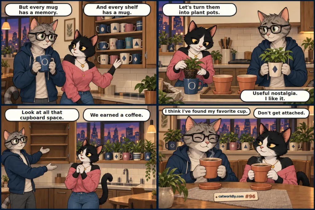 Meowdern Love comic #96, Don't Get Attached: Leo and Luna turn all their sentimental mugs into planters, then drink coffee from flowerpot-shaped vessels; Leo promptly chooses a new favorite cup and Luna warns him not to get attached.