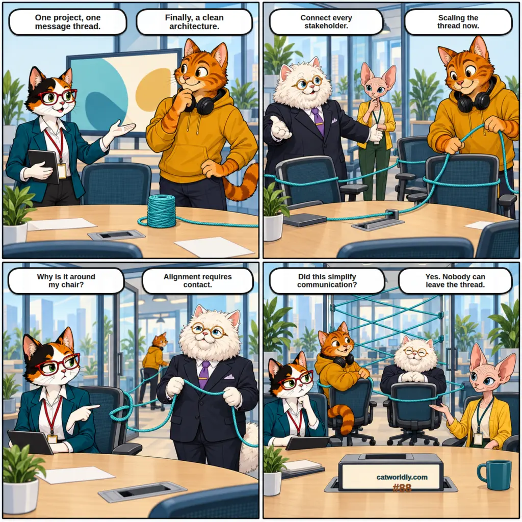 Paws and Deadlines comic #88, Single Thread, in which Dex turns Penny's request for one message thread into a strand of teal yarn that links every chair and crosses the meeting-room doorway, leaving Bean to note that nobody can leave the thread.