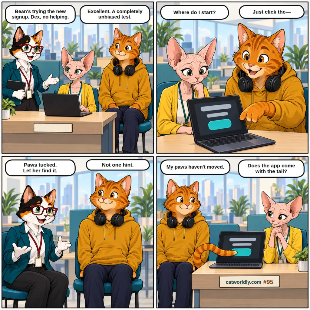 Paws and Deadlines comic #95, No Hints: Dex tucks his paws away during Bean's signup test, but his striped tail points at the button, prompting her to ask whether the app comes with the tail.
