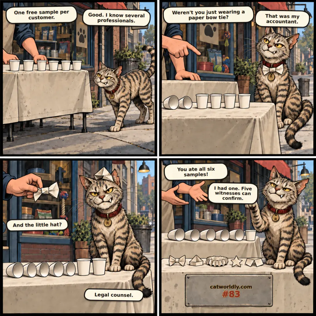 Ruckus the Rascal comic #83, Five Witnesses, showing Ruckus use paper disguises to take six pet-food samples and claim five discarded disguises can prove he only ate one.
