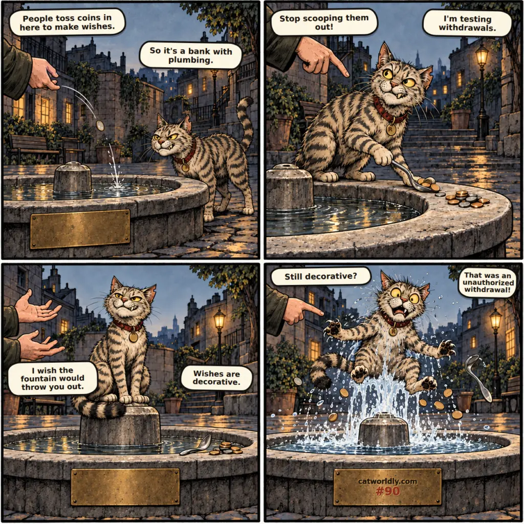 Ruckus the Rascal comic #90, Liquid Assets, showing Ruckus treat wishing-fountain coins like bank deposits before the fountain harmlessly withdraws him with a timed water jet.