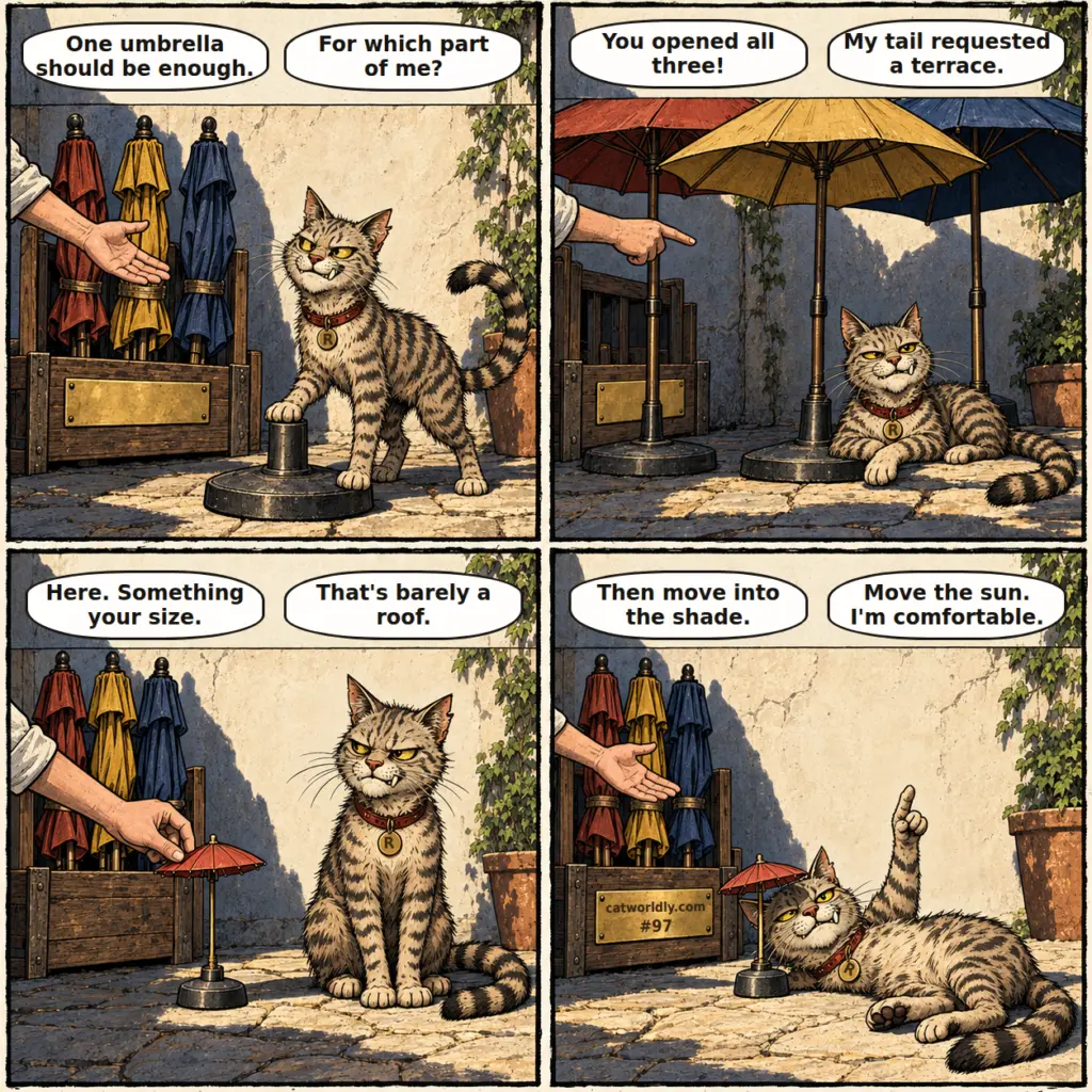 Ruckus the Rascal comic #97, Shade Management: after claiming three cafe parasols, Ruckus is given a tiny one that shades only his nose and demands that the attendant move the sun instead of asking him to move.