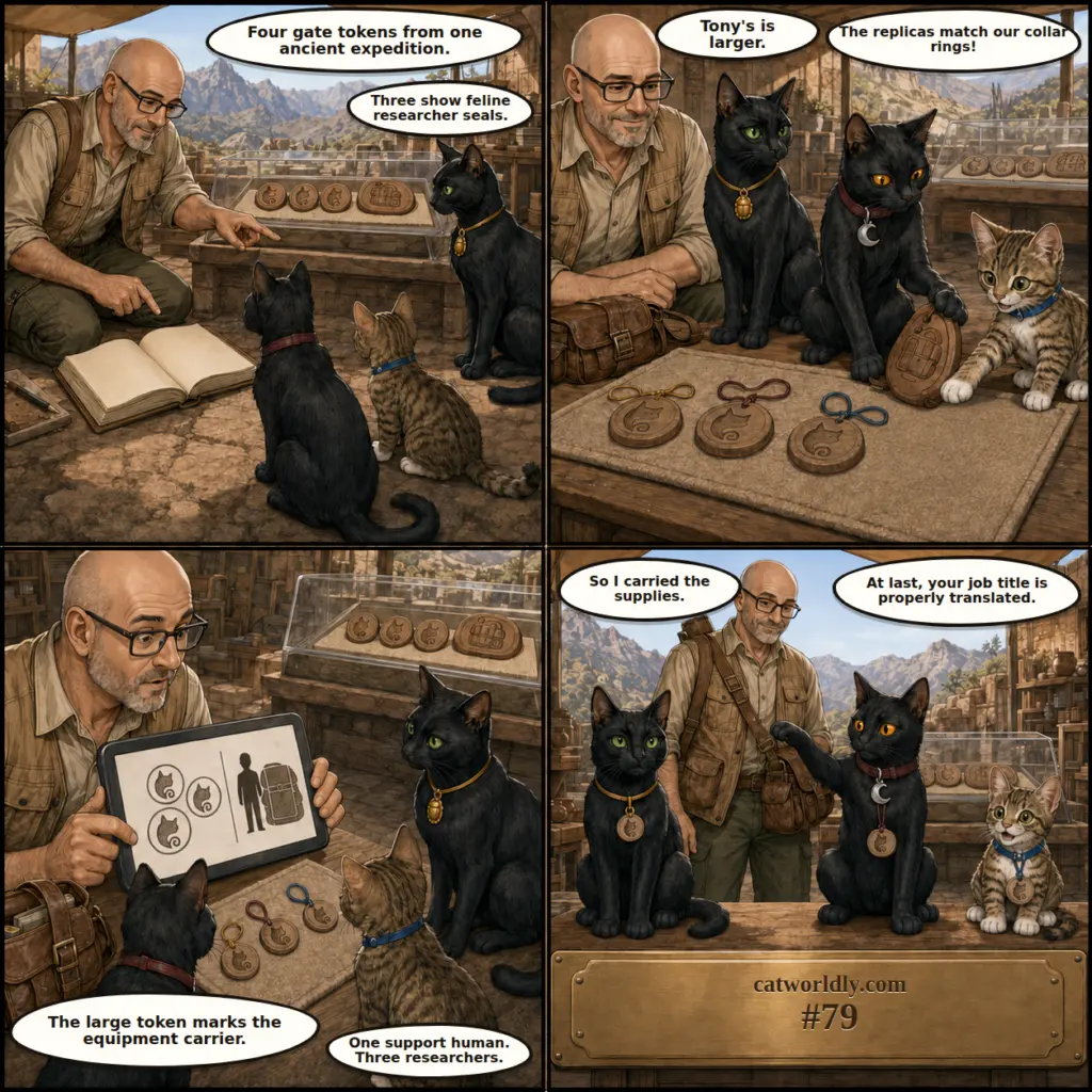 Tony and the Artifact Crew comic #79, The Support Human, showing Tony, Maya, Murk and Milo decode fictional gate tokens that identify the three cats as researchers and Tony as their equipment carrier.