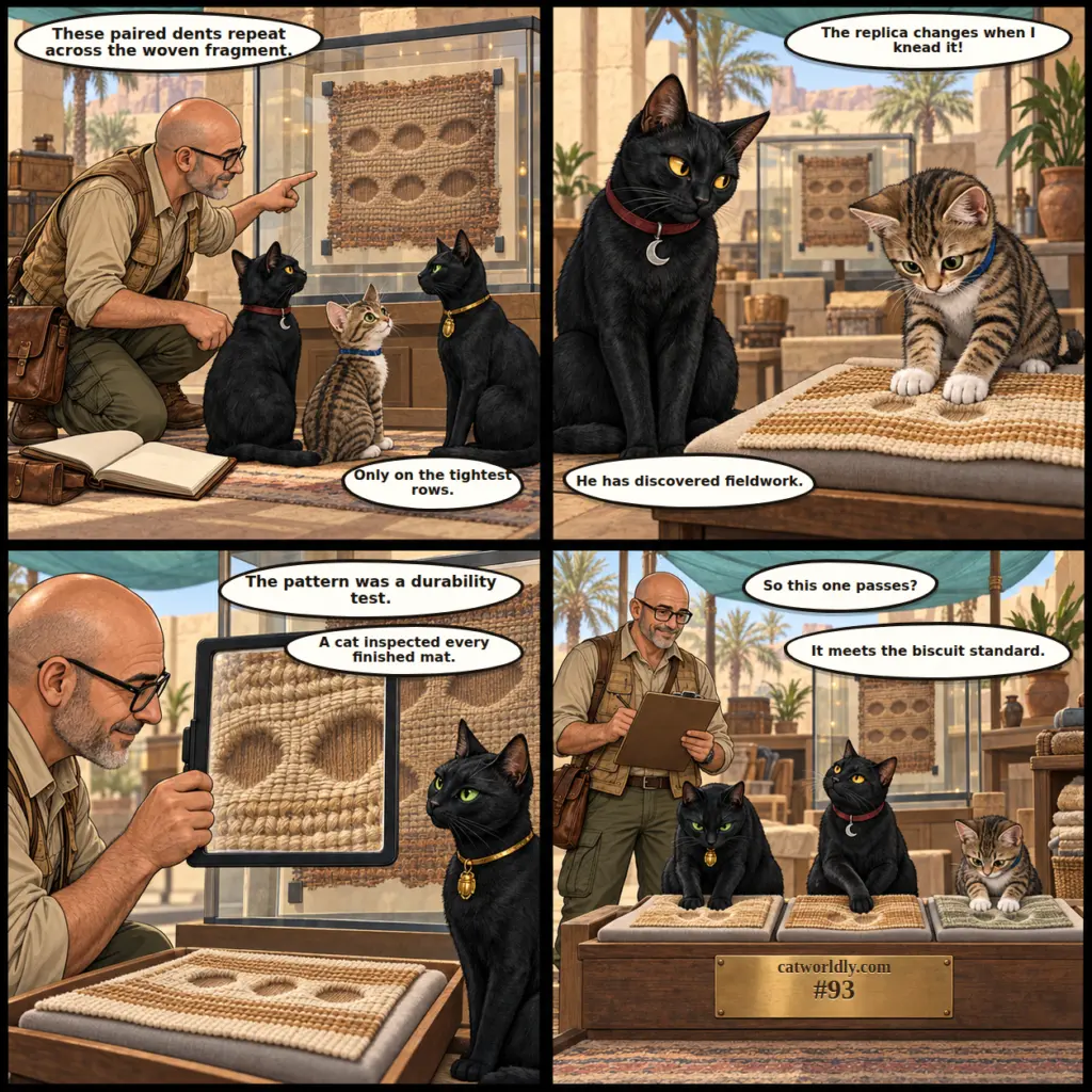 Tony and the Artifact Crew comic #93, The Biscuit Standard, showing Tony, Maya, Murk and Milo decode a fictional woven mat whose paired dents reveal that cats performed a durability inspection by kneading it.